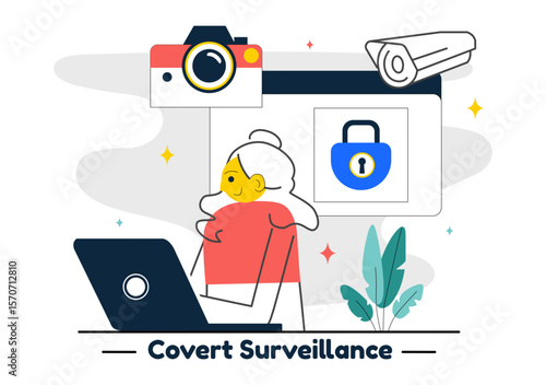 Covert Surveillance Vector Illustration Featuring the Act of Observing and Recording Individuals Without Their Knowledge in a Flat Background