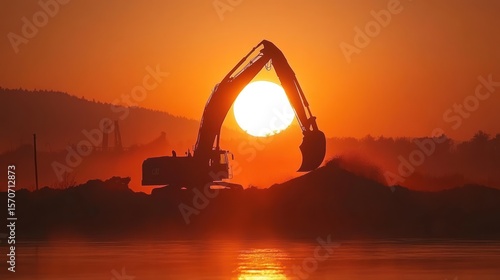Sunrise excavator silhouette