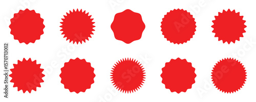 Starburst labels sale or discount sticker, sunburst badges, sun ray frames, stickers mock up set. Price sticker, sale sticker, price tag, starburst, quality mark,       red  icons on white background.