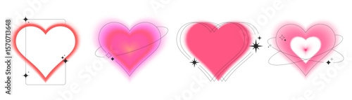 Heart border collection with neon blur aura effects - pink gradient frames with sparkle stars and orbital rings. Romantic valentine decorations with soft light halos for love cards or social media.