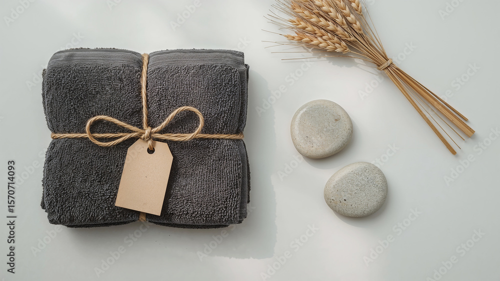 Fototapeta premium Towel stack tied with twine and tag for spa and wellness relaxation