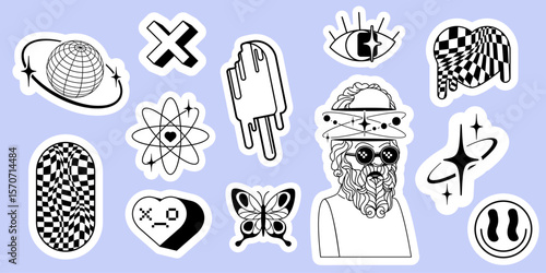 Future y2k sticker set - wireframe globe with orbit, melting popsicle, checkered pills, pixel heart, butterfly and bearded philosopher with planetary rings and smiling face for retro digital aesthetic
