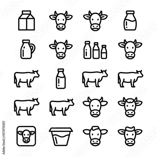 Collection of twenty monochrome line art icons depicting cows milk bottles cartons and containers various cow head and body poses simple minimalist style dairy farm products graphic design