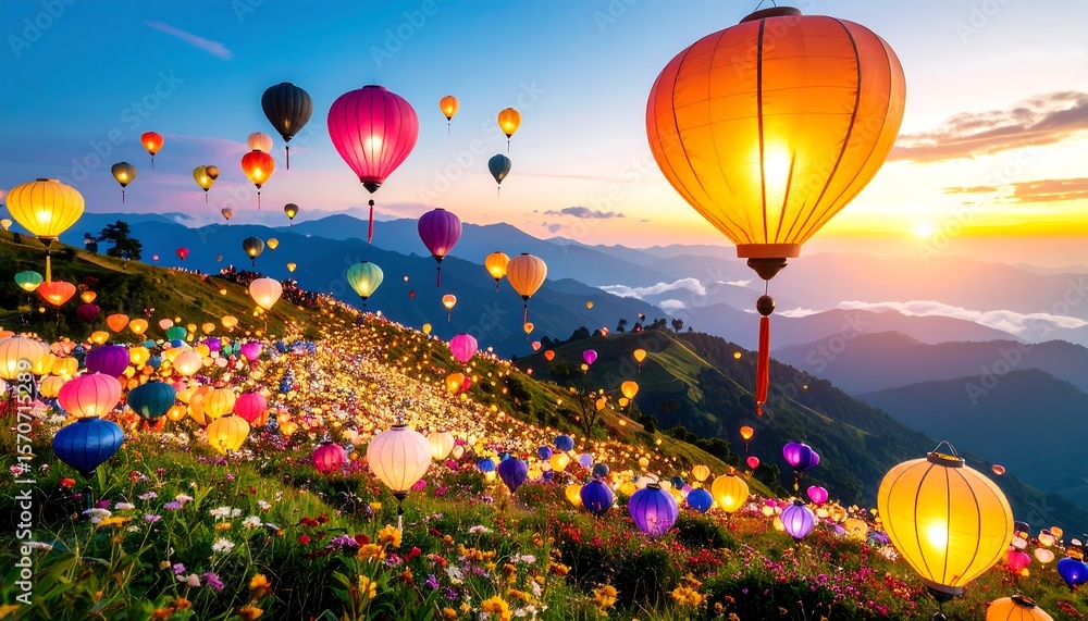 Obraz premium Colorful Lanterns Floating Above a Mountain Meadow at Sunset