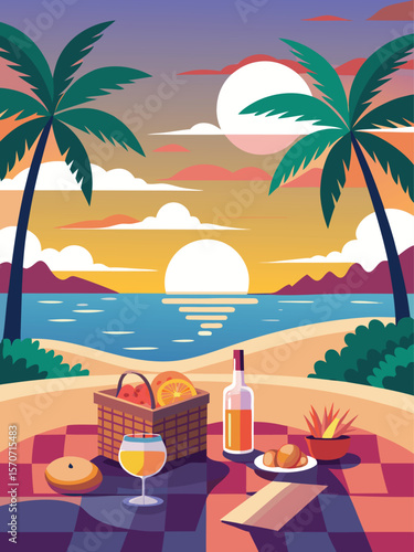 Romantic Beach Picnic at Sunset with Wine and Fruit Basket