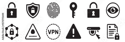 Security icons set: padlock, shield, fingerprint, key, vpn, cctv, eye, password, warning sign and more on transparent background
