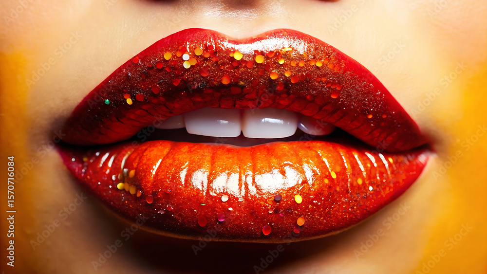 Obraz premium Close up of glossy red lips with glitter and white teeth showing a vibrant and sparkling smile