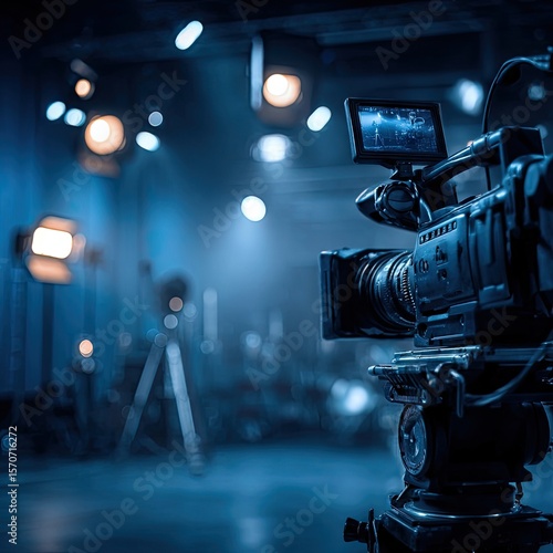 A professional video camera on a tripod, poised in a dimly lit studio with lighting equipment and a blurred background suggesting a film or television production set