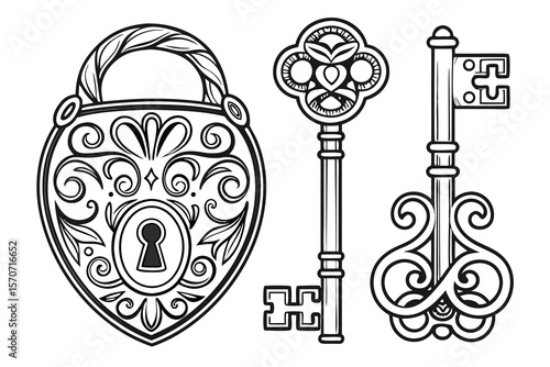  antique, vintage, intricate, ornate, detailed, black and white, vector illustration, keys, locks, padlocks, design elements, ornamental patterns, metal textures