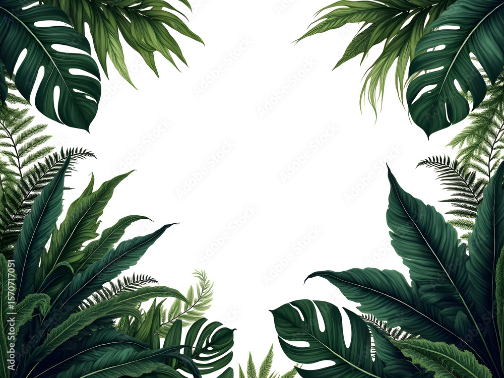 custom made wallpaper toronto digitalDark Green Lush Tropical Foliage Border Frame with Monstera Leaves Ferns and Palm Fronds Isolated on a transparent background