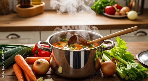 Steaming vegetable soup in pot with ladle and fresh veggies
