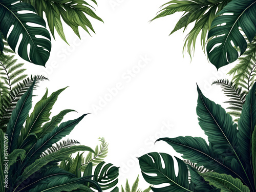 Wallpaper Mural Dark Green Lush Tropical Foliage Border Frame with Monstera Leaves Ferns and Palm Fronds Isolated on a transparent background Torontodigital.ca
