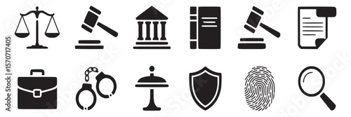 Law and justice icon set vector illustration legal system court symbols gavel scales handcuffs and more on transparent background