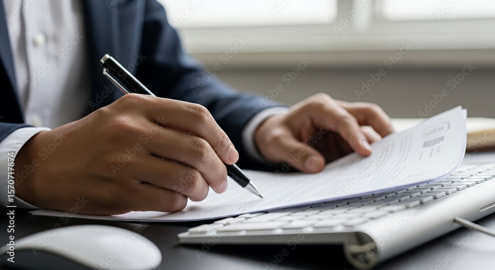 Fototapeta premium Businessman signing a contract document at his desk with keyboard and mouse