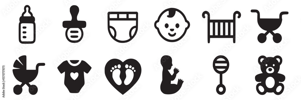 Fototapeta premium Baby icons set vector illustration of baby essentials baby care items and baby related objects for design on transparent background