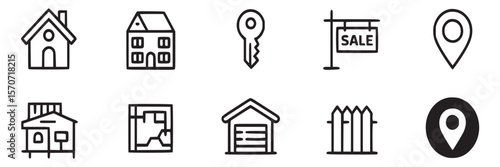 Real estate icons set house home sale key location map fence garage property investment vector design on transparent background
