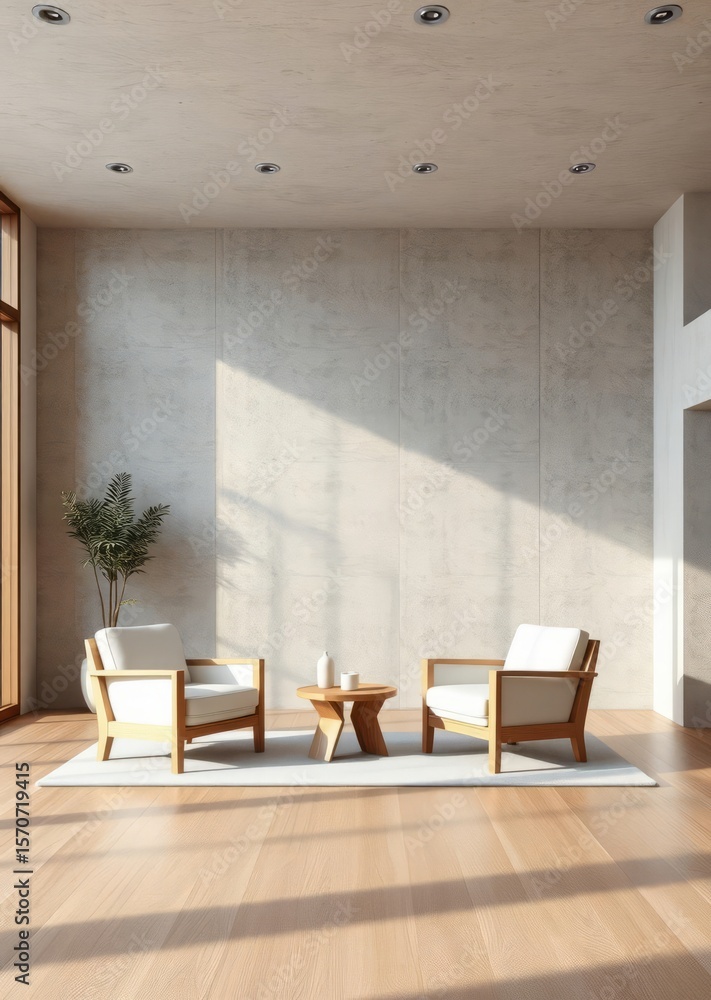 Fototapeta premium Home and decor and modern minimal white living room interior design and wooden arm chairs and concrete wall and wood floor background 3d rendering Empty room interior design Ultra realistic Photor