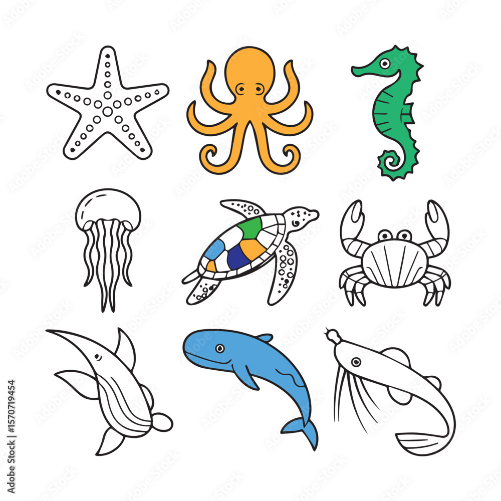 Obraz premium Marine Life Illustration: A vibrant collection of marine creatures swim into view, rendered in a charming illustration style. A cheerful scene perfect for capturing the wonders of the ocean.