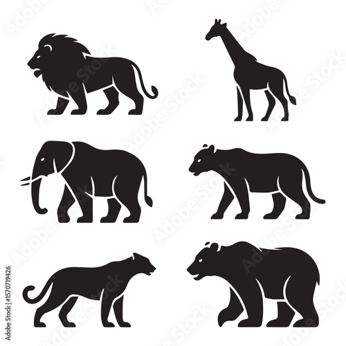 Wildlife Silhouette Collection: A striking black and white compilation of iconic wild animal silhouettes, perfectly suited for graphic resources and design projects.