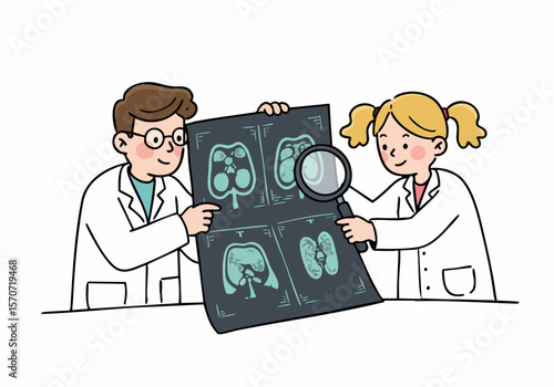 Cartoon illustration of medical professionals analyzing an X-ray scan with a magnifying glass, depicting diagnosis and healthcare collaboration.