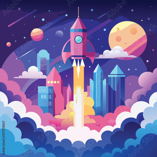 Fantasy City Escape A Rocket Launching from a Crystal City