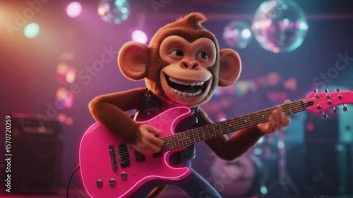 Cheerful monkey playing guitar on stage