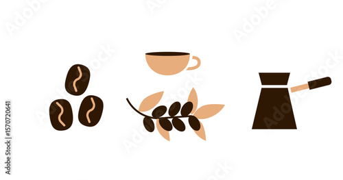 Coffee beans, coffee cup, branch with leaves and cezve pot.