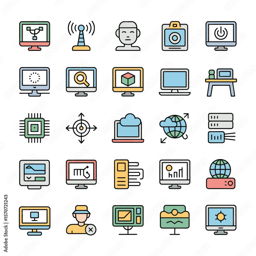 Colorful Collection of Thirty Computer and Technology Icons Featuring Monitors Laptops Servers and Networking Symbols in a Flat Design Style with Pastel Color Palette Colorful Collection of Thirty Computer and Technology Icons Featuring Monitors Laptops Servers and Networking Symbols in a Flat Design Style with Pastel Color Palette