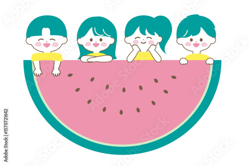 スイカから顔を出す子どもたち