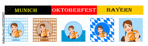 From the "oktoberfest" series, a set of girls with Bavarian dirndl  and with pretzel  with different variants of bavarian ornaments and backgrounds	