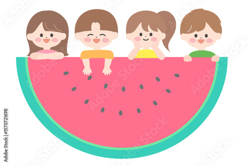 スイカから顔を出す子どもたち