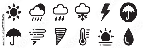 Weather forecast icons set vector illustration of sun rain cloud snow wind temperature and more weather symbols on transparent background