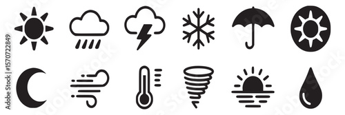 Weather forecast icon set vector illustration with sun cloud rain snow wind temperature and more forecast on transparent background