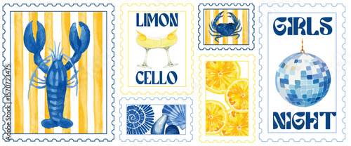 SET OF MEDITERANEAN STAMPS STYLE DOLCE VITA WITH TRENDY WATERCOLOR ILLUSTRATIONS - VINTAGE POSTAGE CLIPART LOBSTER, SEASHELL, LEMON, LIMONCELLO, DISCO BALL