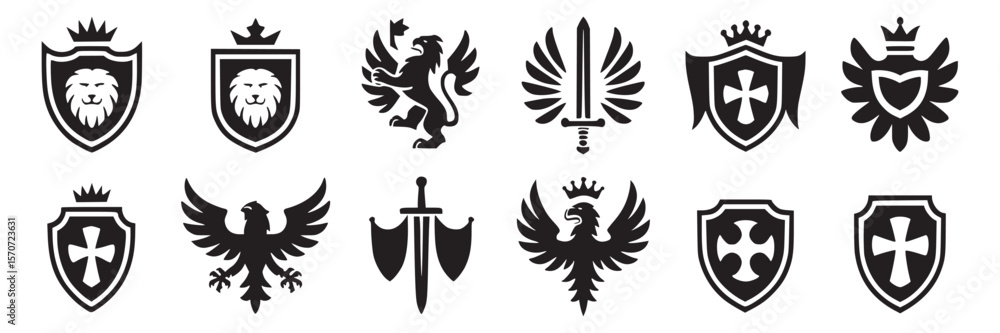 Obraz premium Heraldic shield logo vector set, medieval royal emblem collection, coat of arms design elements symbols on transparent background