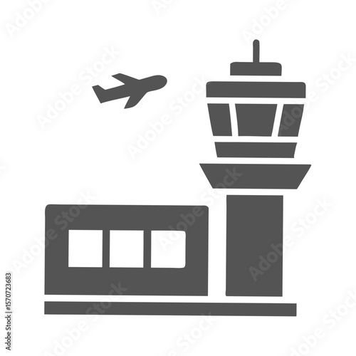 Airport control tower and terminal building with airplane aviation