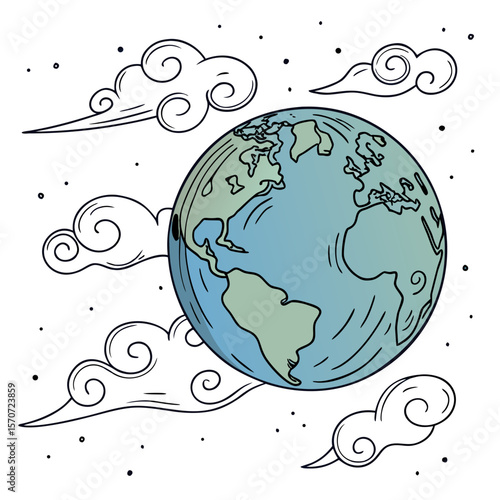 Artistic planet earth with swirling clouds and stars globe world