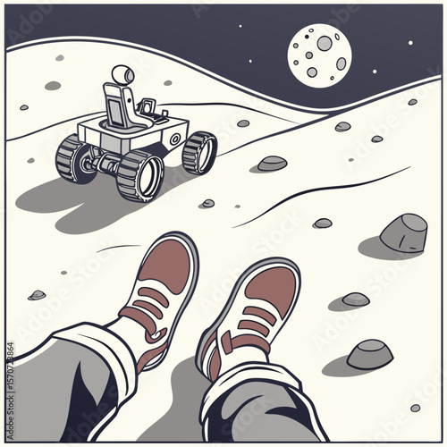 Astronaut exploring lunar surface with rover and moon space
