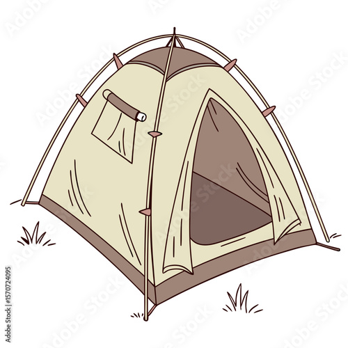 Beige and brown camping tent with poles and grass outdoor shelter