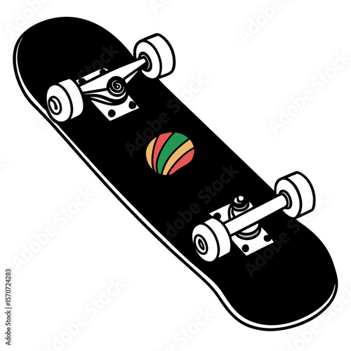 Black skateboard with colorful emblem on white background sports recreation