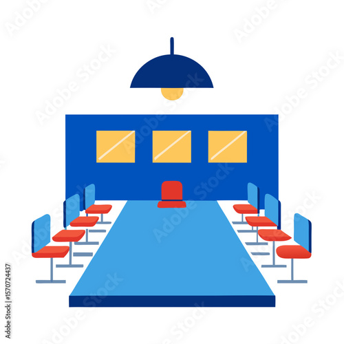 Blue conference room with red chairs and yellow windows meeting office