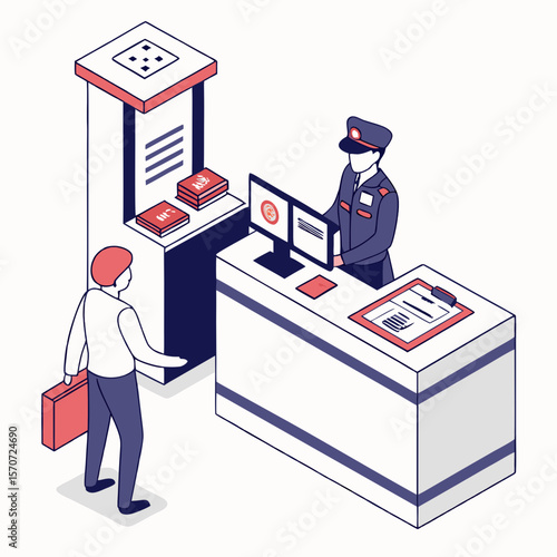 Border control officer assisting traveler with documents and luggage immigration