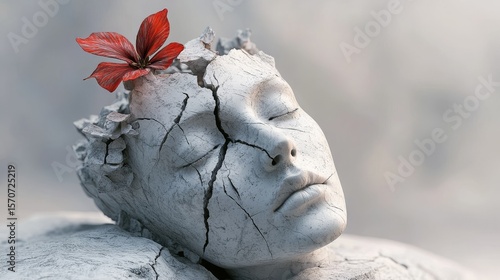 26.A surreal artwork of a broken white marble human head sculpture, with a vibrant red flower growing from its crown, symbolizing resilience and hope, set against a soft ethereal background.