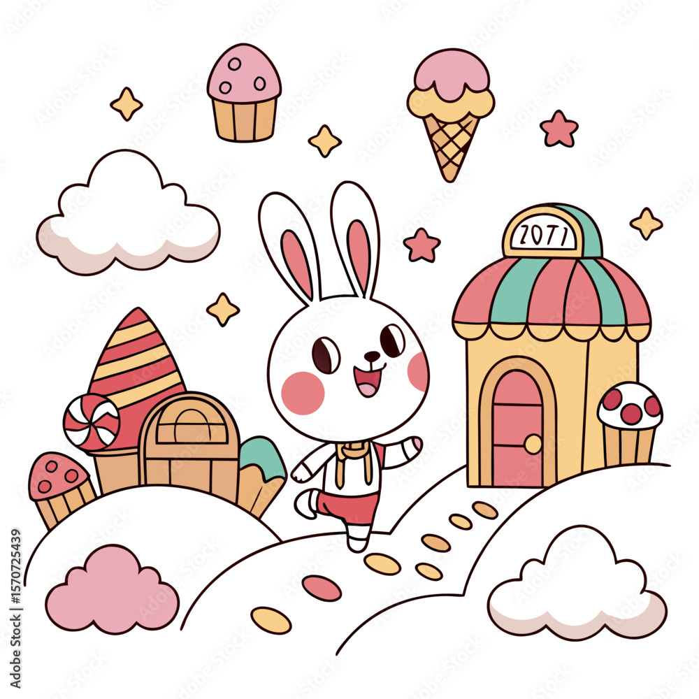Fototapeta premium Cheerful bunny in candy land with sweet treats and fluffy clouds cupcakes ice cream
