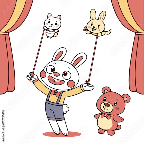 Cheerful bunny puppet master with animal friends on stage puppet show bear