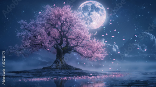 Fototapeta Naklejka Na Ścianę i Meble -  A majestic cherry blossom tree in full bloom under a full moon	A magnificent cherry blossom tree stands alone, its pink blossoms glowing softly under the bright light of a full moon in a clear night s