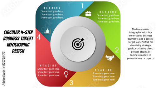 Circular 4-Step Business Target Infographic Design. Fully editable modern infographic vector elements SVG file compatible with PowerPoint, Illustrator, and most vector-based applications. 