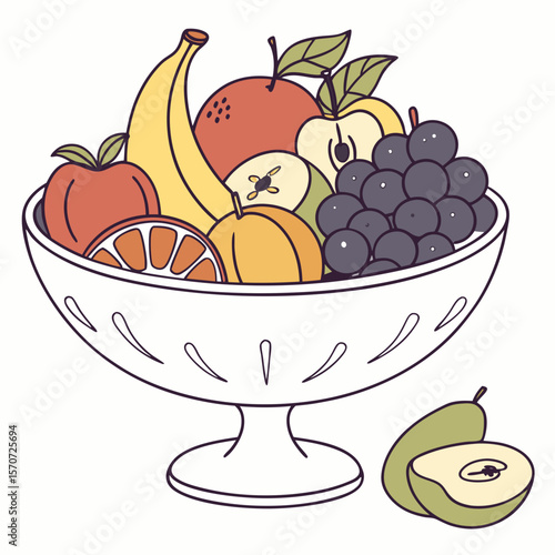 Colorful assortment of fresh fruits in a white pedestal bowl with pears fruit bowl