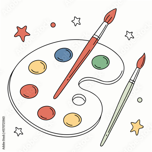 Colorful paint palette with brushes and stars painting colors