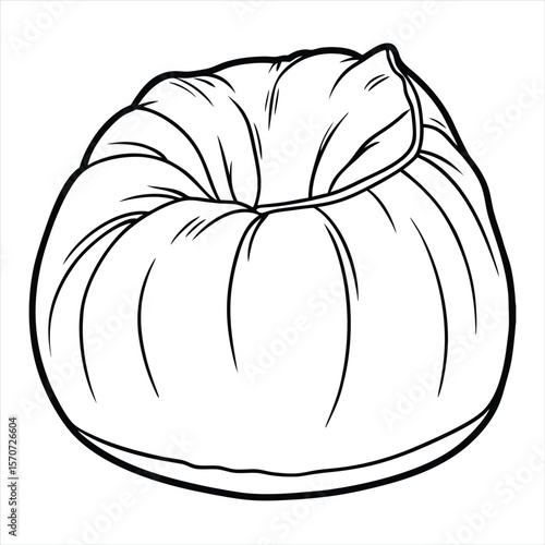A simple, bold, black and white line drawing of a round, plump beanbag chair with visible stitching and a gathered top isolated on a clean white background